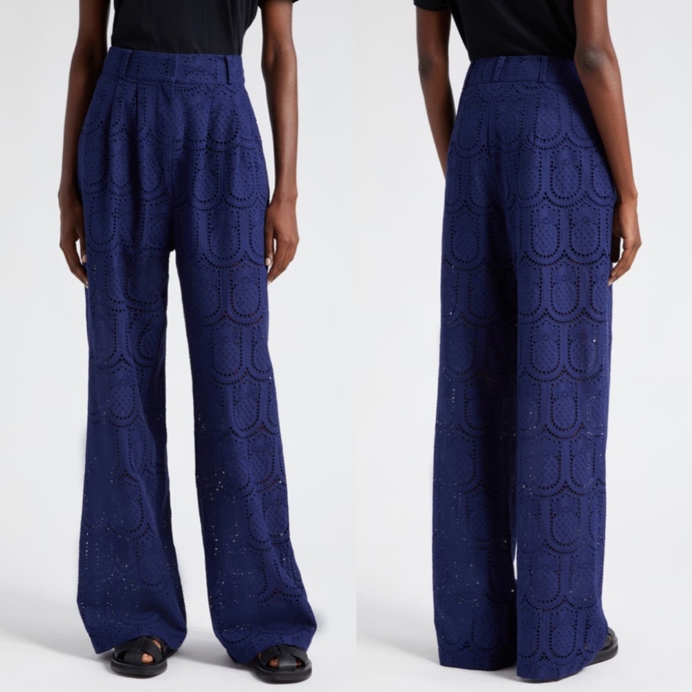 Farm Rio Pineapple Eyelet High Waist Wide Leg Pants Navy Blue Medium NWT